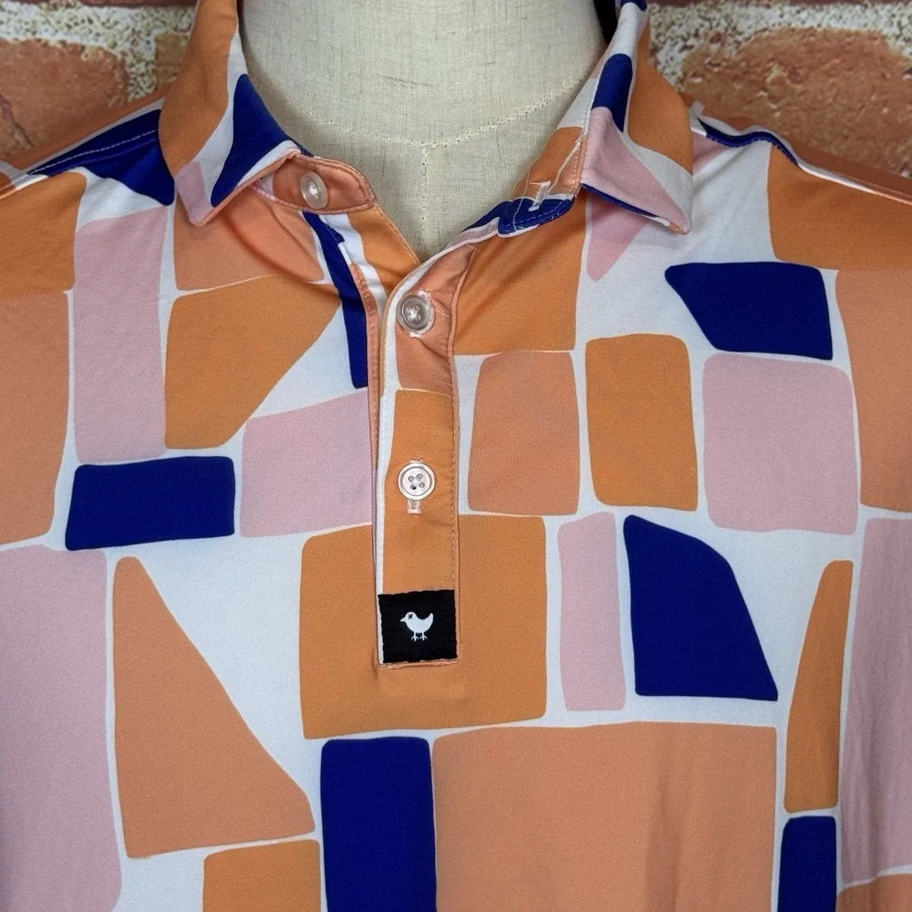 Bad Birdie Catalina 4 Way Stretch Golf Polo Shirt Geometric Orange Men's XL